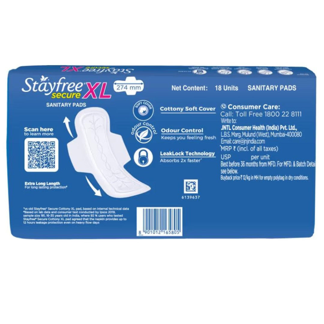 Stayfree Secure Cottony Extra Large with Wings - 18 Pads (18 Pads)