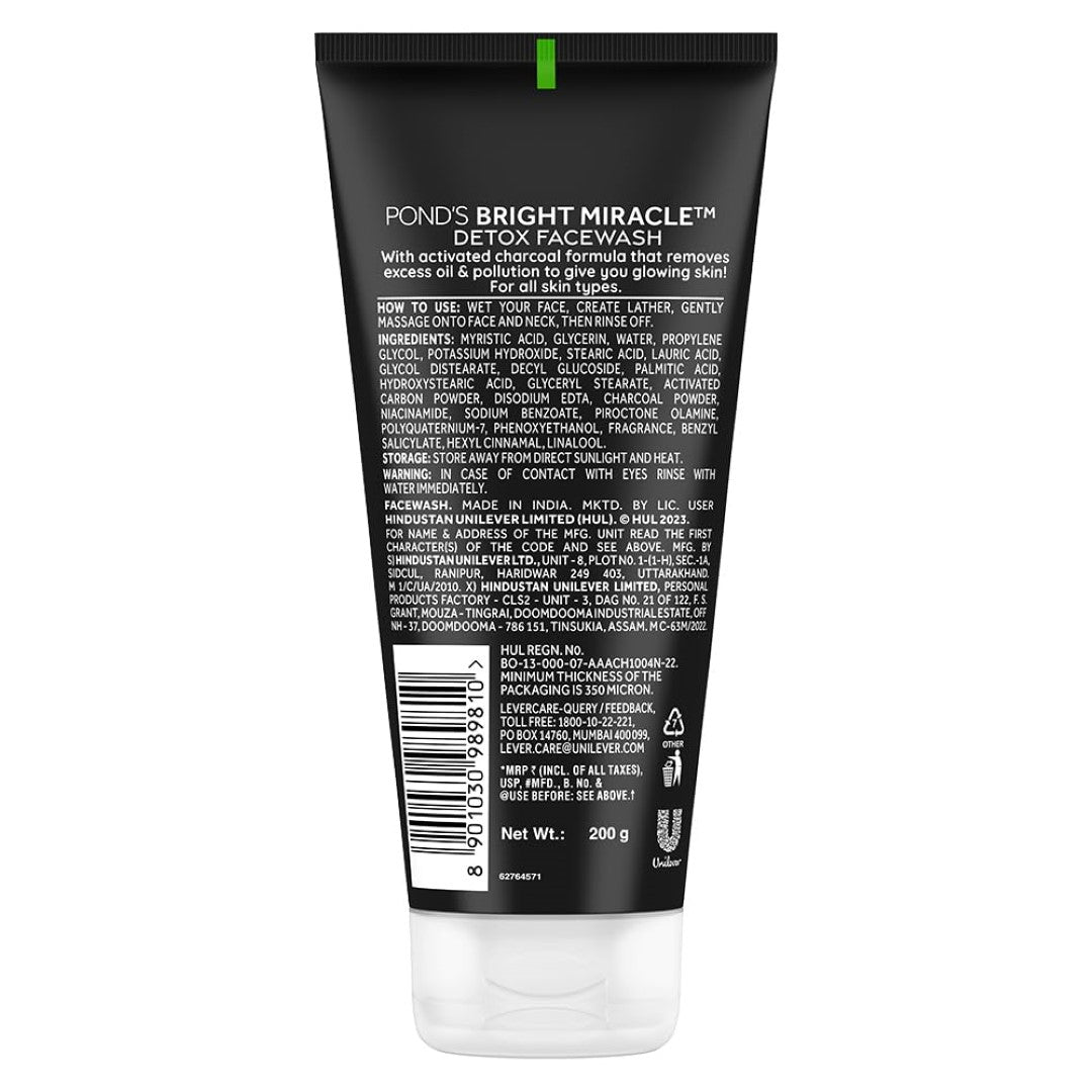 POND'S Bright Miracle Detox Facewash | 10X Power of Activated Charcoal| For Deep Cleaned Skin | Reveals Glow, Pollution Clear Face Wash, 200gm