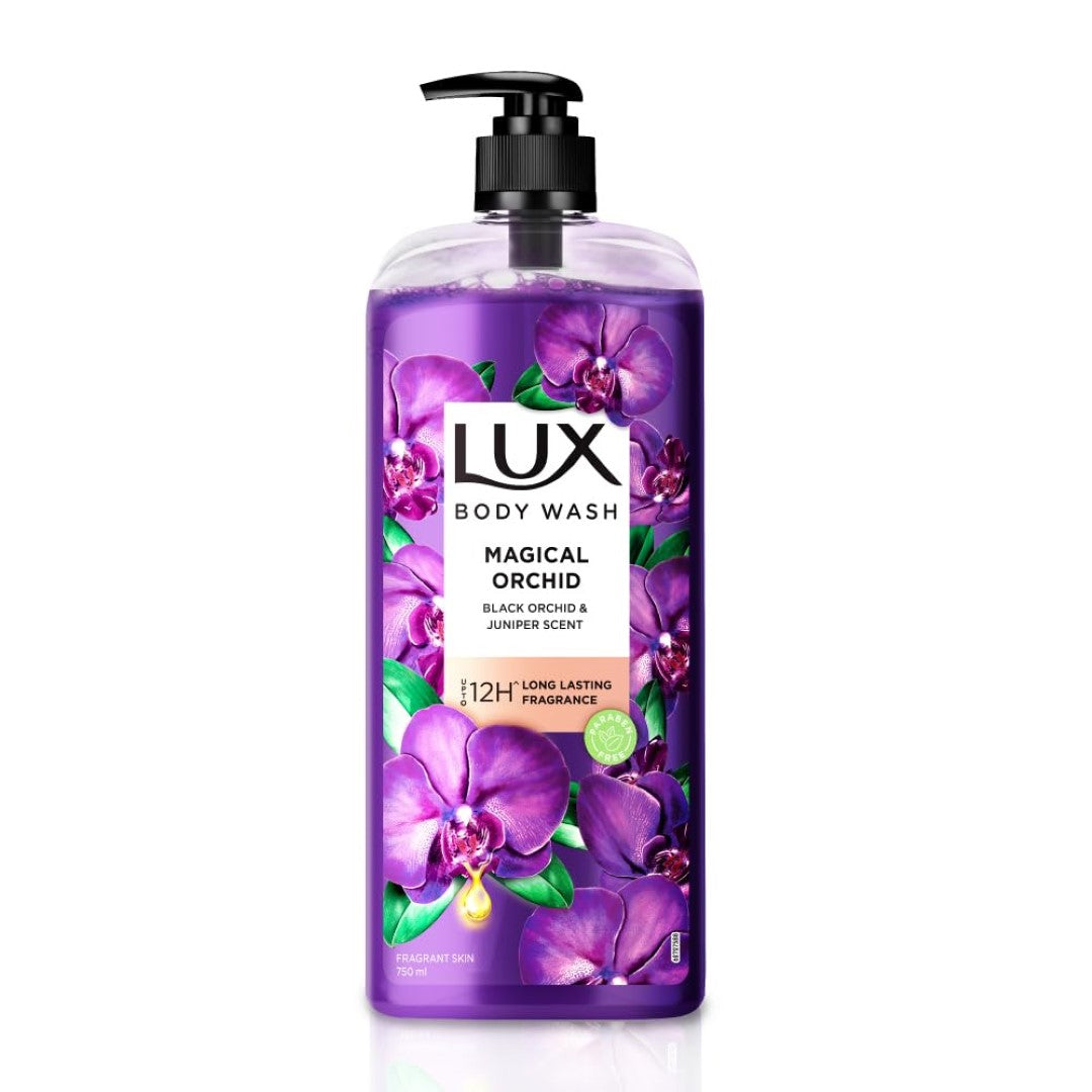 Lux Body Wash Fragrant Skin Black Orchid Scent & Juniper Oil SuperSaver XL Pump Bottle with Long Lasting Fragrance, Glycerine, Paraben Free, Extra Foam, 750 ml