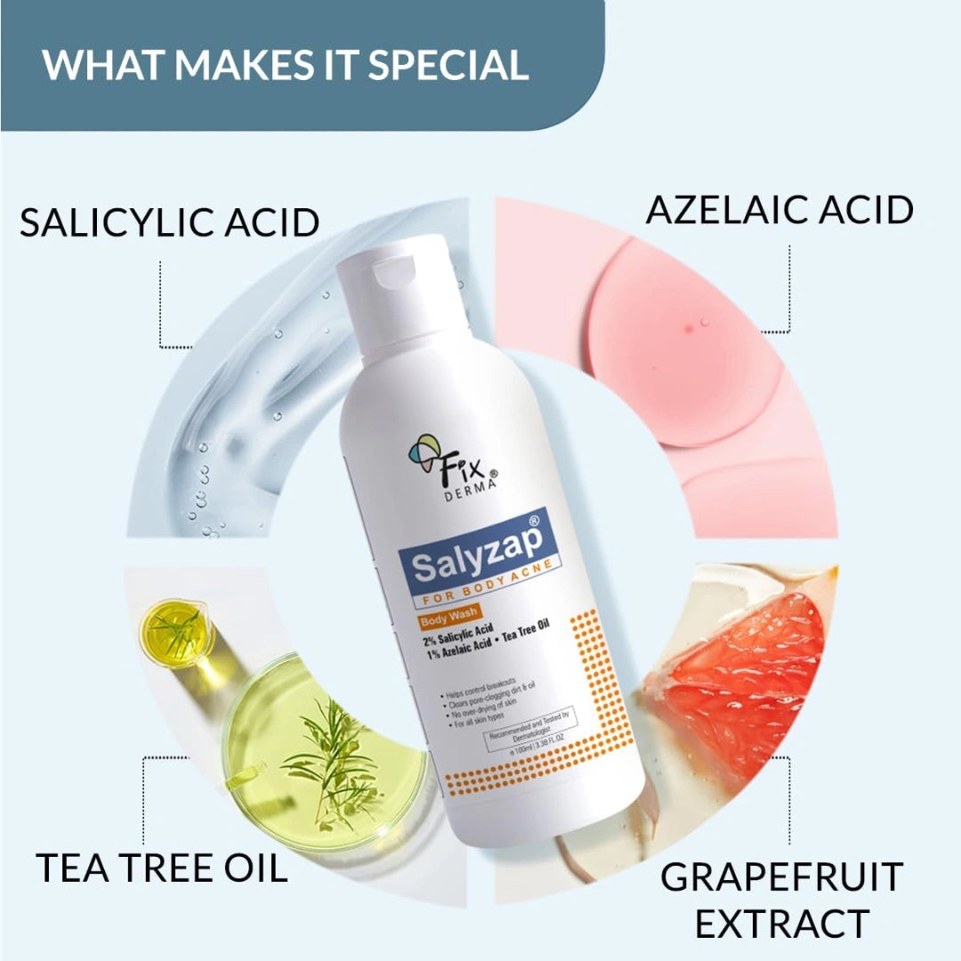 Fixderma Salyzap 2% Salicylic Acid Body Wash I For Acne, Anti Acne Body Wash on Back | Arms Suitable For Acne Prone Skin I Shower Gel For Women & Men I - 100ml