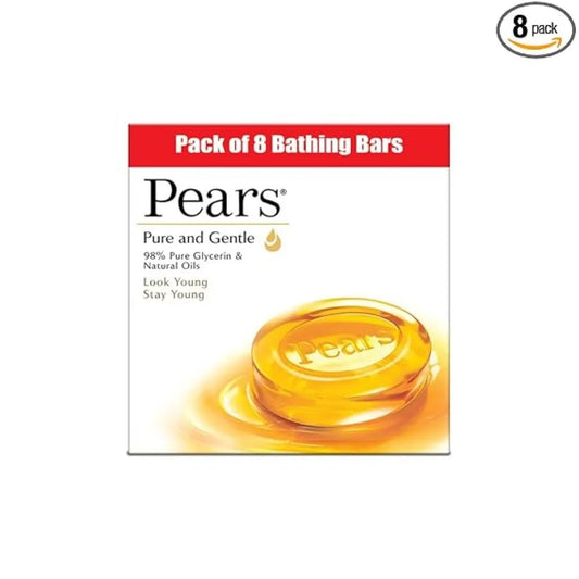 Pears Pure & Gentle Soap Bar (125gm Pack of 8) - With Glycerin for Soft, Glowing Skin & Body, Paraben-Free Body Soaps For Bath Ideal for Men & Women