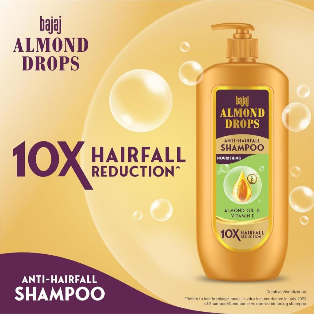 Bajaj Almond Drops Anti Hairfall Shampoo with Almond Oil & Vitamin E | For 10X Hairfall Reduction* & Soft, Shiny Hair* | Paraben Free | Ideal for Men and Women - 340ML