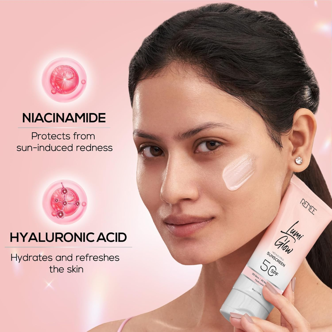 RENEE All Skin Lumi Glow Highlighting Sunscreen With Spf 50 | Lightweight & Non-Sticky | No White Cast | Protects Against Uva-Uvb | Radiant Finish, 50 G