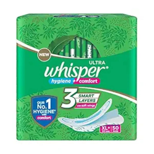 WHISPER ULTRA HYGIENE+COMFORT SANITARY PADS, 50 XL+ PADS, FOR HEAVY FLOW, LONG LASTING PROTECTION, LOCKS ODOUR & WETNESS, DRY TOP SHEET, DISPOSABLE WRAPPER