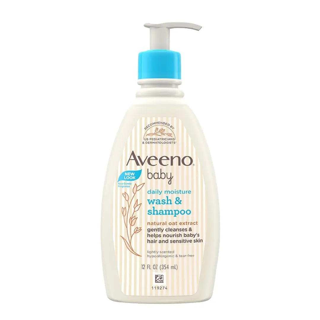 Aveeno Baby Daily Moisture Wash and Shampoo (354ml) | With oat kernel extract, glycerin and water | Hypoallergenic, soap-free, pediatrician recommended | Nourishes, soothes, & protects baby's sensitive skin