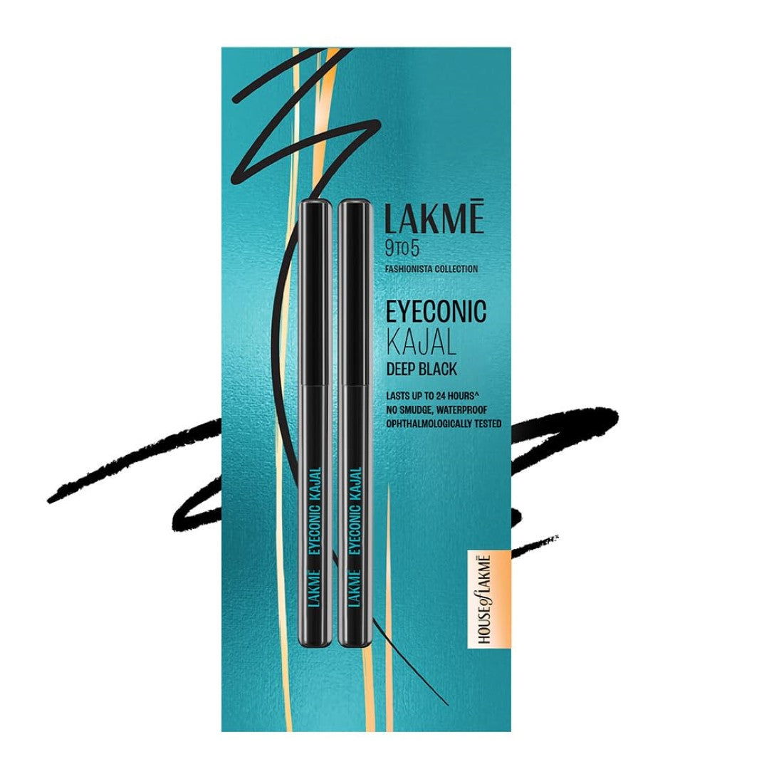 Lakme 9 to 5 Eyeconic Kajal Twin Pack, lasts upto 24hrs, Pack of 2- Deep Black, 0.35g