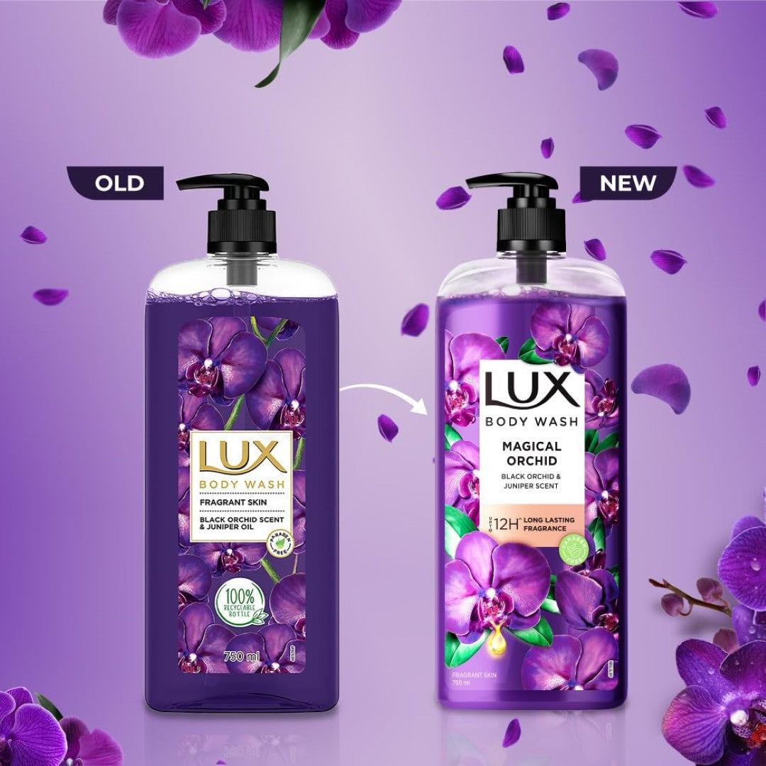 Lux Body Wash Fragrant Skin Black Orchid Scent & Juniper Oil SuperSaver XL Pump Bottle with Long Lasting Fragrance, Glycerine, Paraben Free, Extra Foam, 750 ml