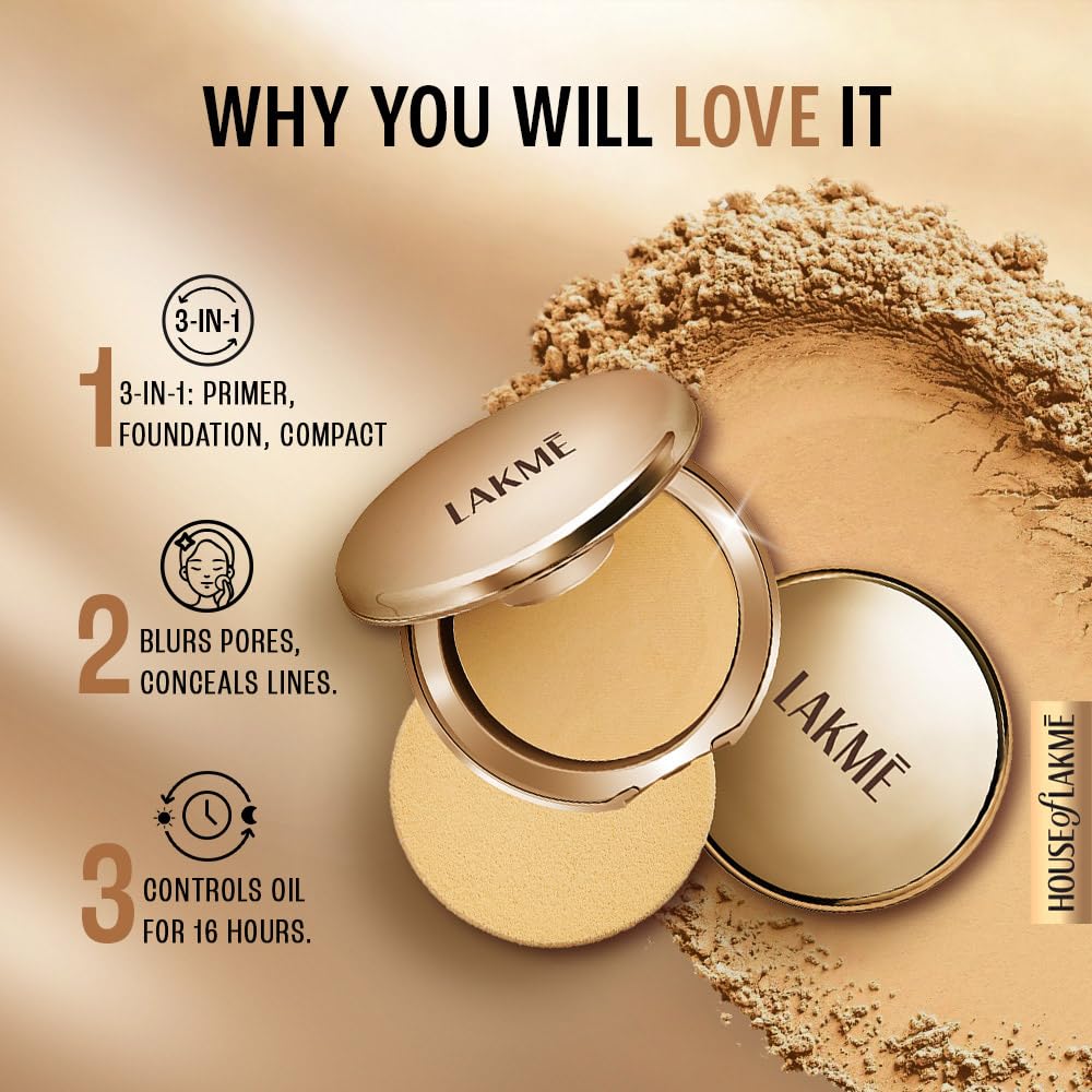 Lakme 9 to 5 Primer with Matte Powder Foundation Compact, Ivory Cream, 9g