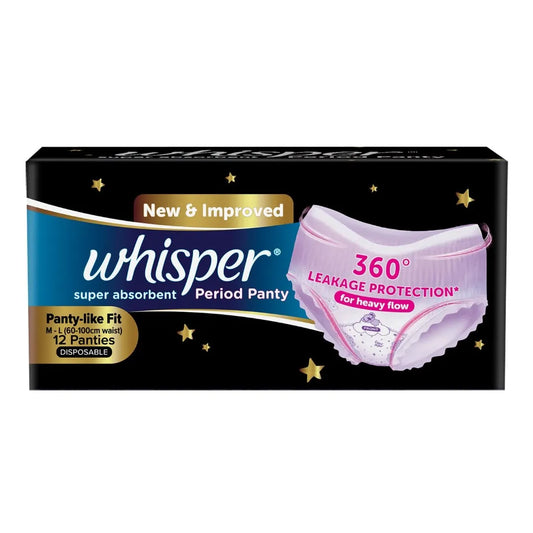 Whisper Super Absorbent Period Panty, 12 L-XL Pants, 360 Degree Leakage Protection for Heavy Flow, Panty like Fit for Full back Coverage, Absorbs Heavy Gushes, Silky Soft, Comfortable Feel