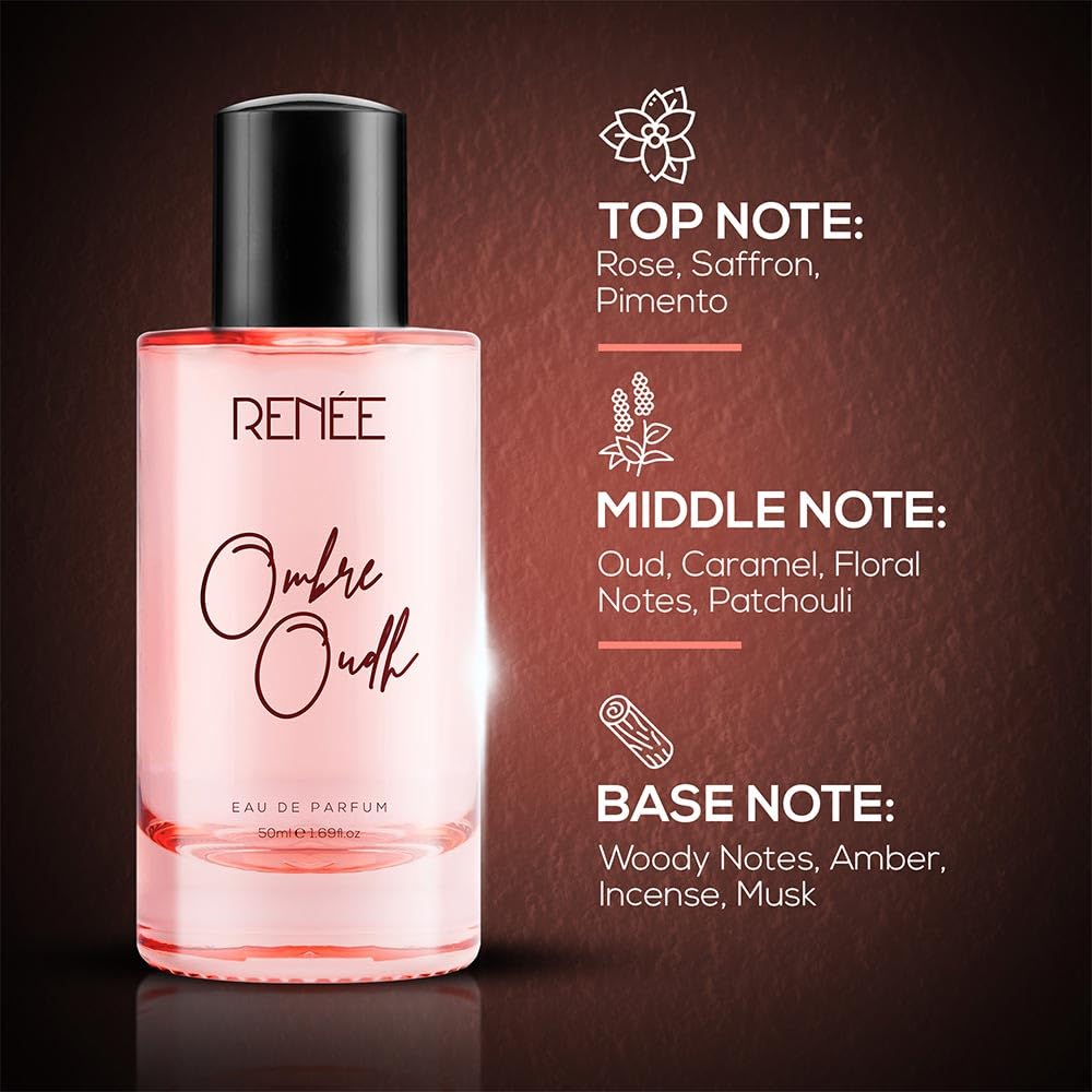 RENEE Ombre Oud Eau De Parfum, Premium Long-lasting Fragrance With Notes of Oud, Rose, Saffron, Middle Caramel, and Musk, Scent for Every Occasion, Ideal Perfume for Women, 50ml