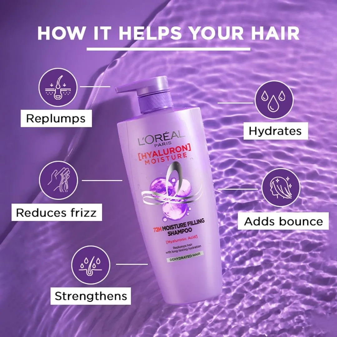 L'Oreal Paris Moisture Filling Shampoo, With Hyaluronic Acid, For Dry & Dehydrated Hair, Adds Shine & Bounce, Hyaluron Moisture 72H, 650ml