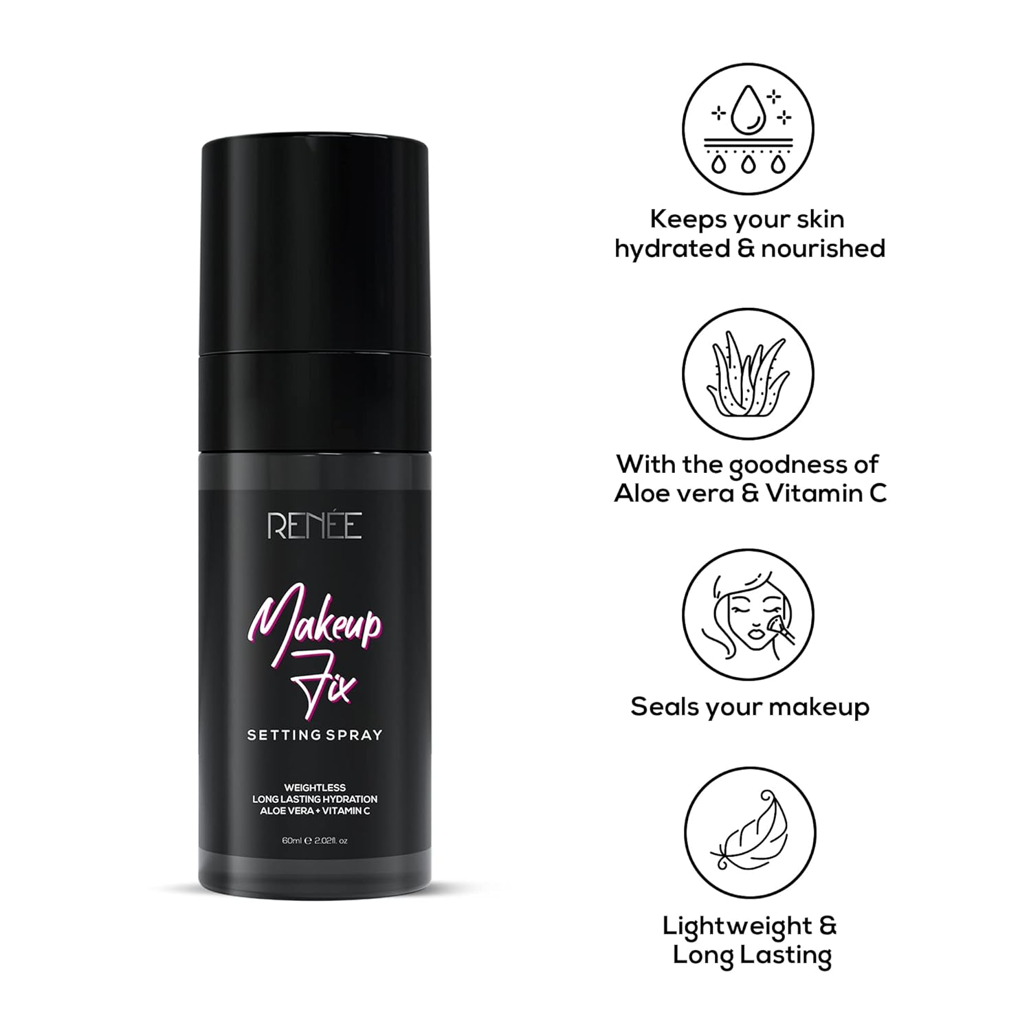 RENEE Makeup Fixer Setting Spray 60ml| Infused With Aloe Vera & Niacinamide| Prevents Cracks, Minimizes Pores & Fine Lines| Long Lasting & Weightless Formula