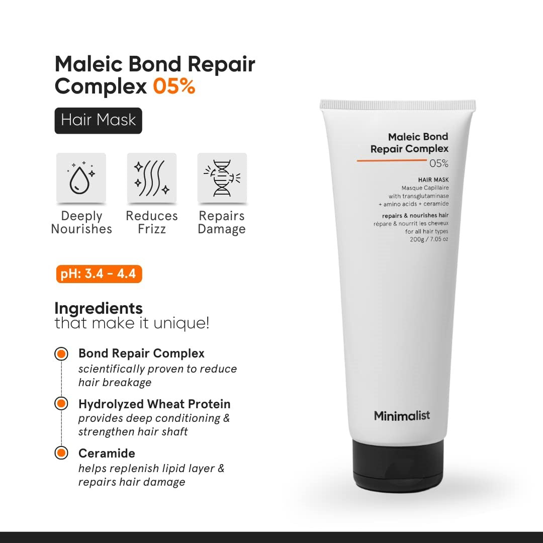 Minimalist Maleic Bond Repair Complex 05% Hair Mask For Repairing Dry, Damaged & Dull Hair |  With Transglutaminase, For Damaged & Controls Frizzy Hair | For Women & Men Unscented, 200 Gram