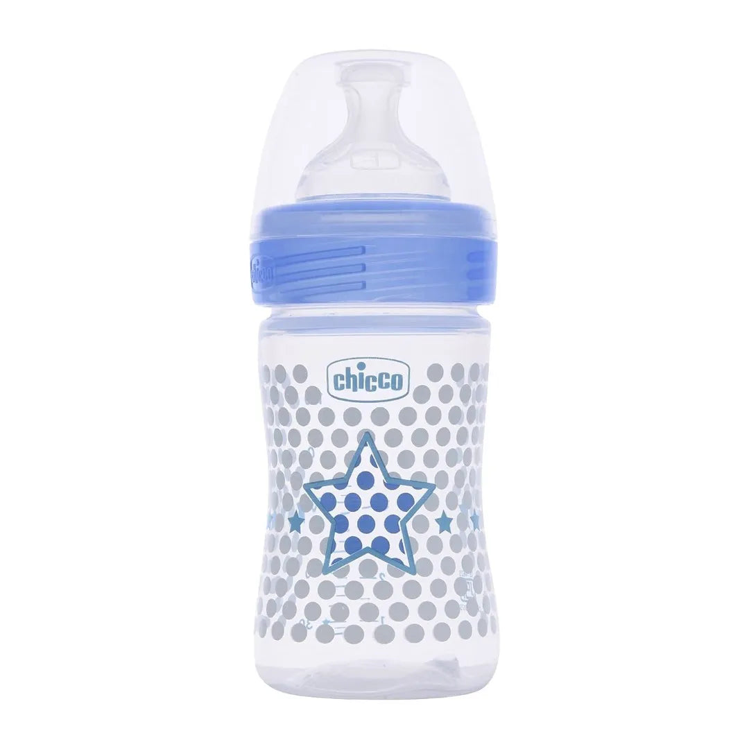 Chicco Well-Being Baby Feeding Bottle, 150ml, 0+ Months | Advanced Anti-Colic Nipple | Soft Silicon Teat | Wide Neck, Anti-Drip Bottle |BPA Free (Blue)