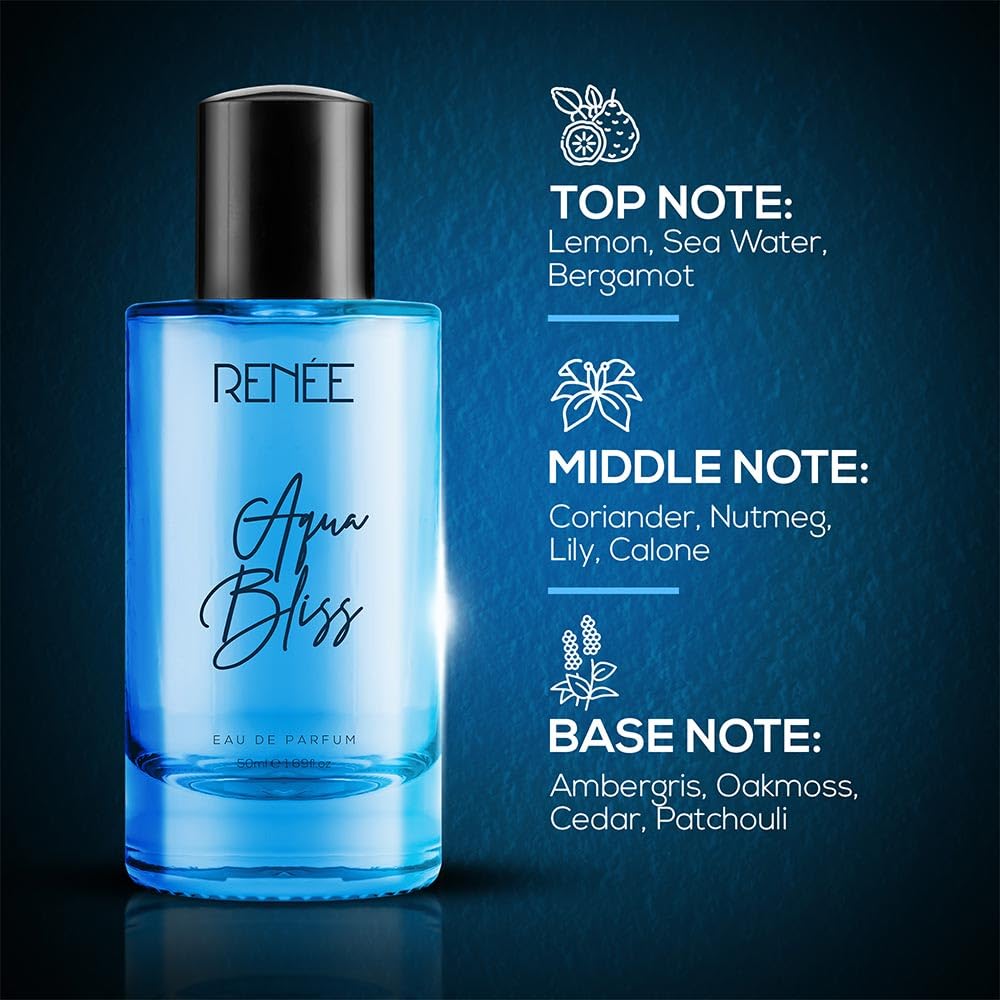 RENEE Aqua Bliss Eau De Parfum, Premium Long-lasting Fragrance With Notes of Lemon, Bergamot, Lily, Nutmeg, Cedar & Patchouli, Scent EDP for Every Occasion, Ideal Luxury Perfume for Women, 50 Ml