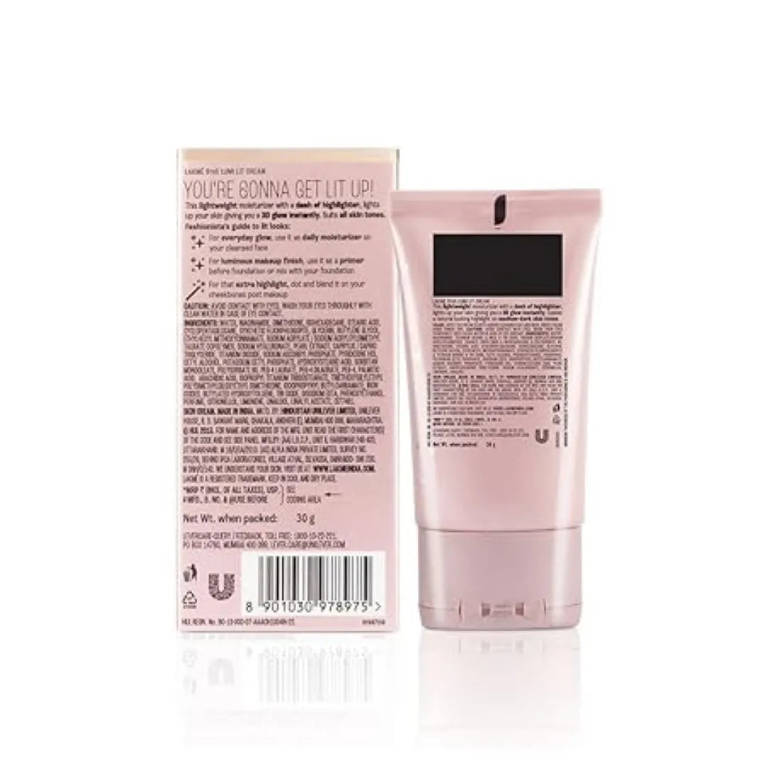 Lakme Lumi Cream - Face cream with Moisturizer + Highlighter, enriched with Niacinamide & Hyaluronic Acid - Dewy Rose, 30g