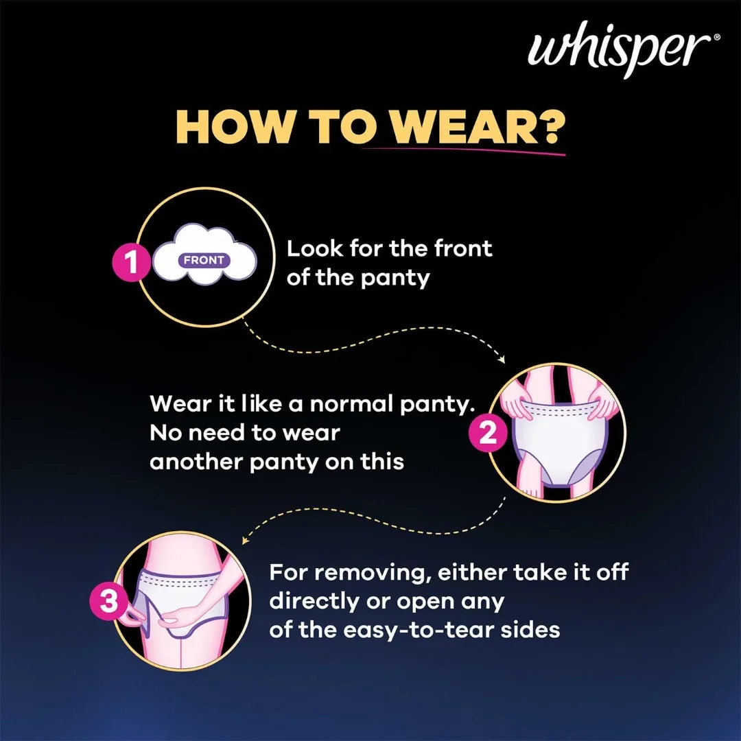 Whisper Super Absorbent Period Panty, 12 L-XL Pants, 360 Degree Leakage Protection for Heavy Flow, Panty like Fit for Full back Coverage, Absorbs Heavy Gushes, Silky Soft, Comfortable Feel