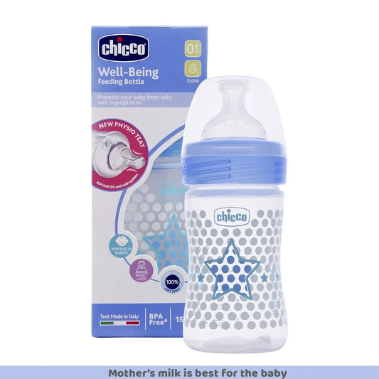 Chicco Well-Being Baby Feeding Bottle, 150ml, 0+ Months | Advanced Anti-Colic Nipple | Soft Silicon Teat | Wide Neck, Anti-Drip Bottle |BPA Free (Blue)