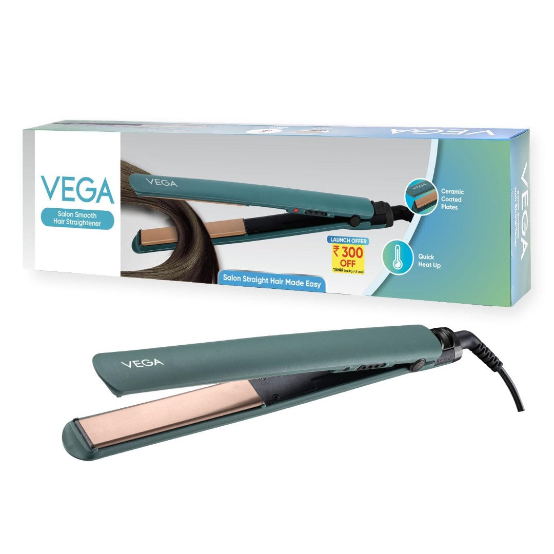 Vega Salon Smooth Hair Straightener for Women with Ceramic Coated Plates, Quick Heatup & Travel Friendly, Travel Lock, Green (VHSH-42)