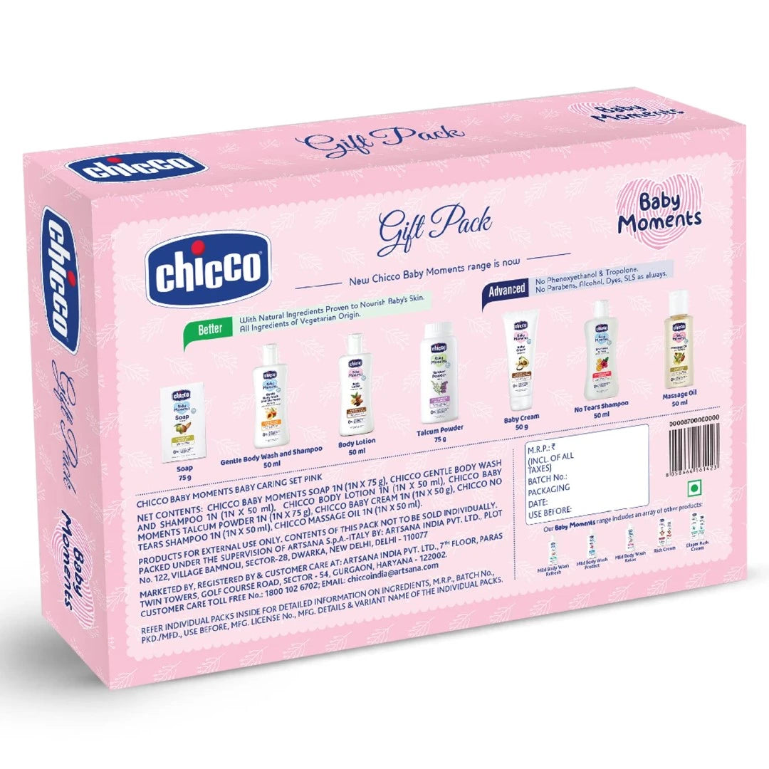 Chicco Baby Moments Caring Gift Pack Pink, Ideal Baby Gift Sets for Baby Shower, Newborn Gifting, New Parents, Birthdays, New Advanced Formula with 0% Phenoxyethanol, 0m+ (5 Items)