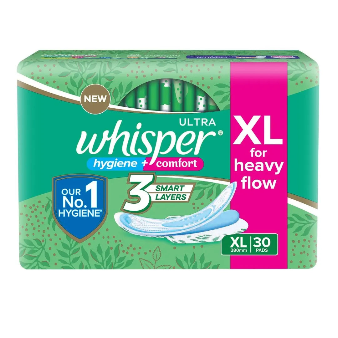 WHISPER ULTRA HYGIENE+COMFORT SANITARY PADS, 30 XL PADS, FOR HEAVY FLOW, LONG LASTING PROTECTION, LOCKS ODOUR & WETNESS, DRY TOP SHEET, DISPOSABLE WRAPPER