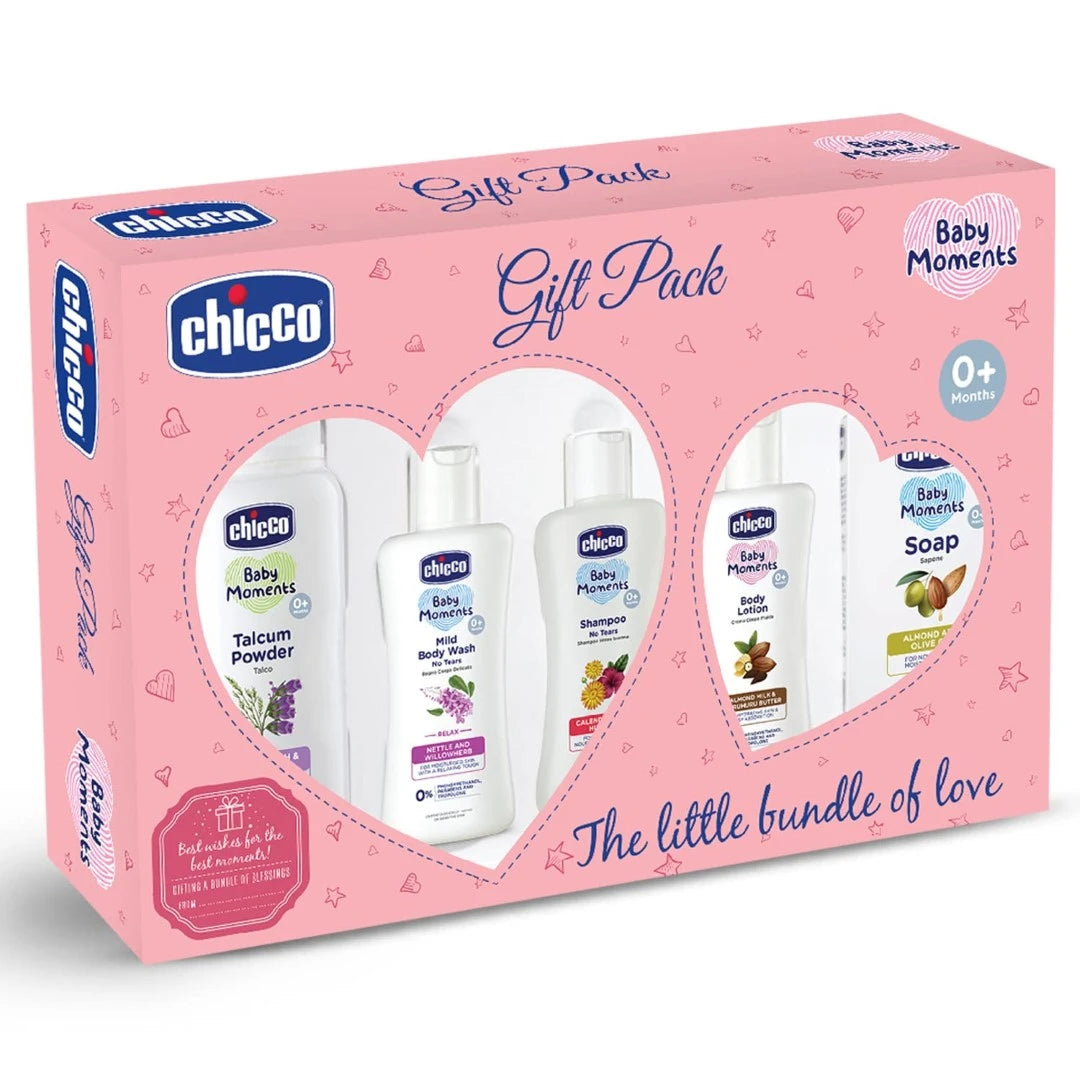 Chicco Baby Moments Caring Gift Pack Pink, Ideal Baby Gift Sets for Baby Shower, Newborn Gifting, New Parents, Birthdays, New Advanced Formula with 0% Phenoxyethanol, 0m+ (5 Items)