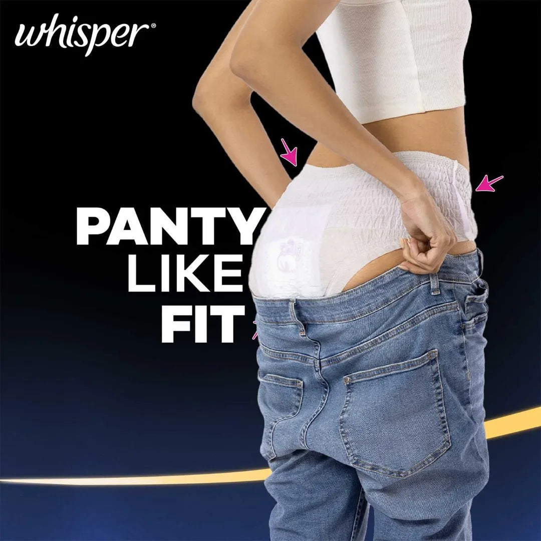 Whisper Super Absorbent Period Panty, 12 L-XL Pants, 360 Degree Leakage Protection for Heavy Flow, Panty like Fit for Full back Coverage, Absorbs Heavy Gushes, Silky Soft, Comfortable Feel