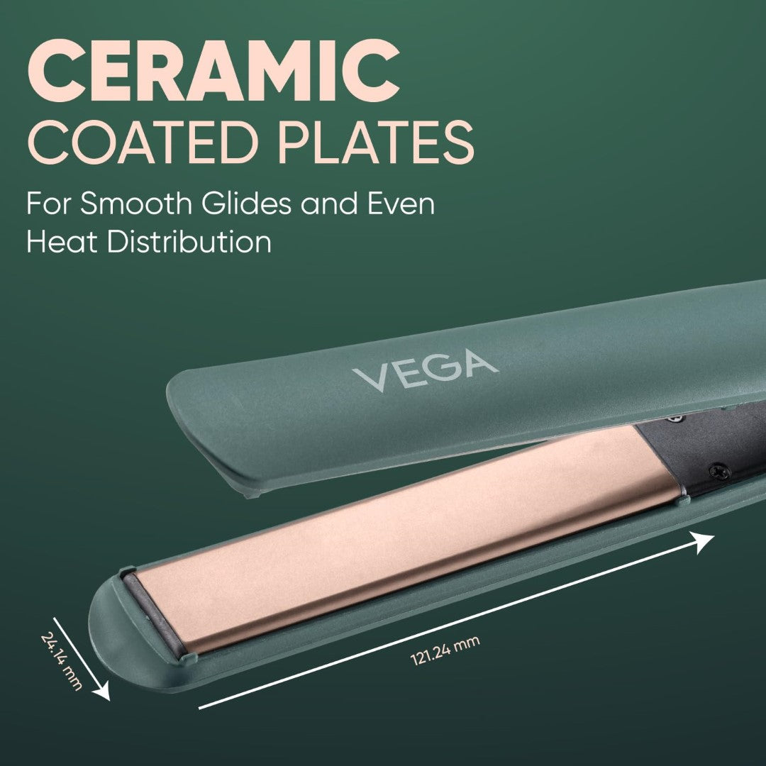 Vega Salon Smooth Hair Straightener for Women with Ceramic Coated Plates, Quick Heatup & Travel Friendly, Travel Lock, Green (VHSH-42)