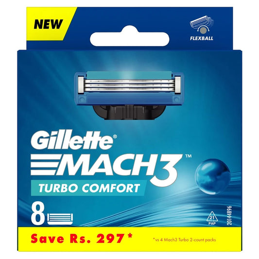 Gillette Mach 3 Turbo Manual Shaving Razor Blades-Pack Of 8S(Cartridge), Men