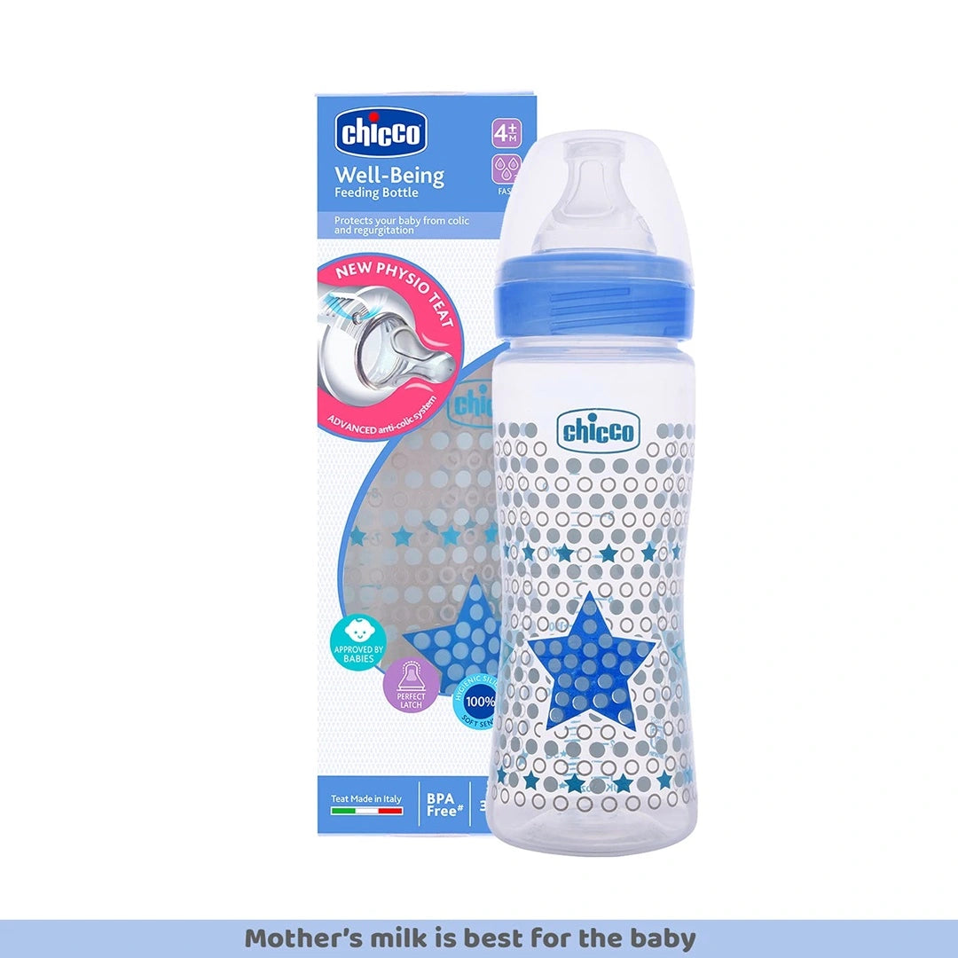 Chicco Well-Being 330 ml Feeding Bottle, Advanced Anti-Colic System, BPA Free, Hygienic Silicone Teat (Blue)