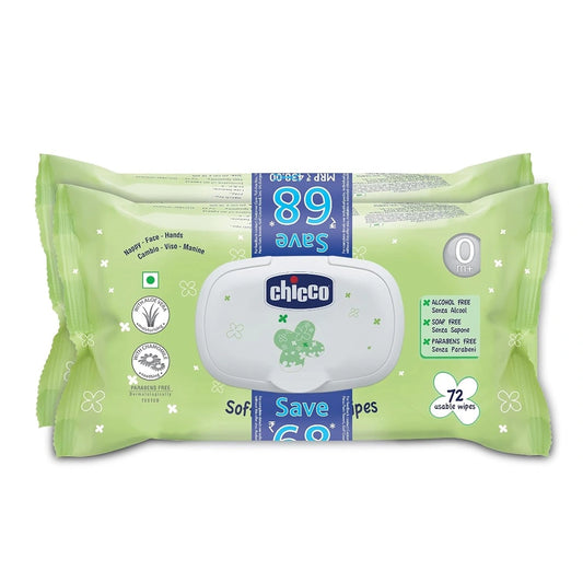 Chicco Baby Moments Soft Cleansing Baby Wipes, Ideal for Nappy, Face and Hand, Dermatologically Tested, Paraben Free, Fliptop Pack (Pack of 2, 72 Sheets per Pack)