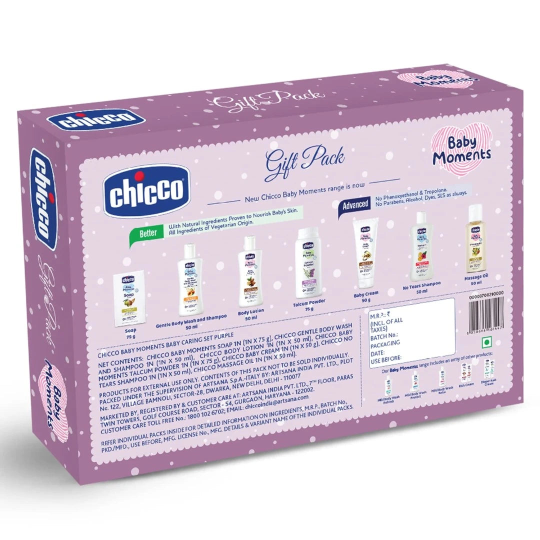 Chicco Baby Moments Caring Set Purple, Gift Set for Babies, 0m+ pack of 7