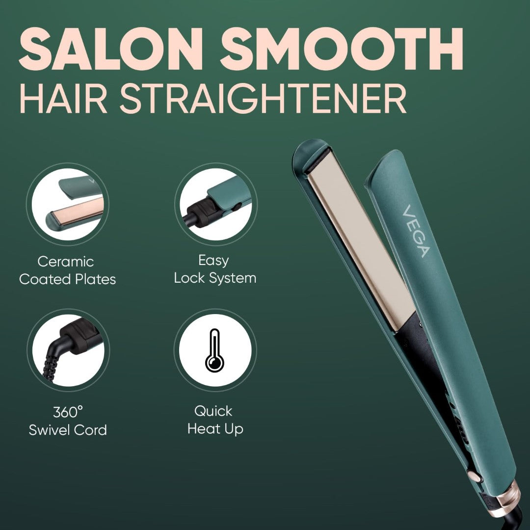 Vega Salon Smooth Hair Straightener for Women with Ceramic Coated Plates, Quick Heatup & Travel Friendly, Travel Lock, Green (VHSH-42)