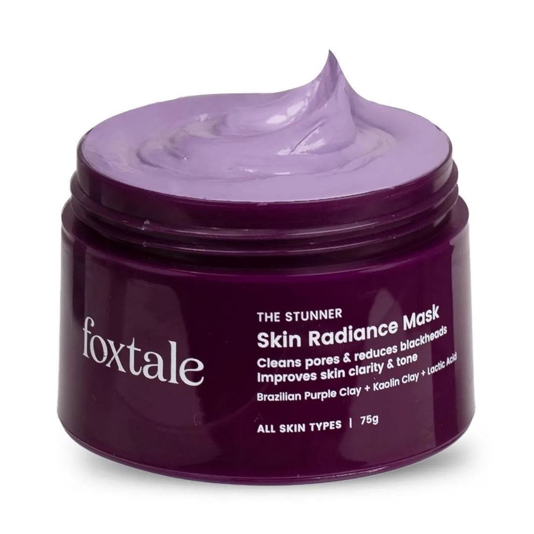 Foxtale Skin Radiance Mask De-tan Face Pack, Clay Mask with Lactic Acid, Brazilian Purple Clay for Brightening, Cleans Pores, Removes Blackheads, Men & Women, All Skin Types, 75g