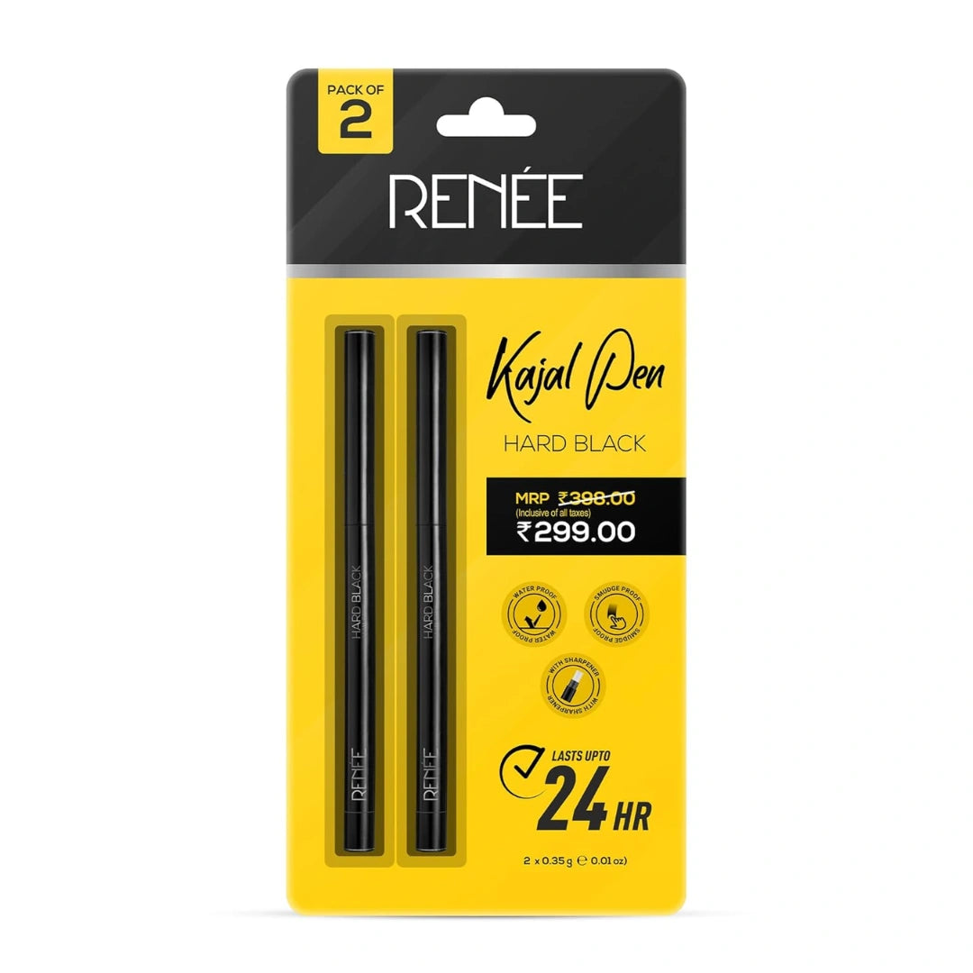 RENEE Hard Black Kajal Pen with Sharpener 0.35gm, Pack Of 2 | Matte Finish | Rich Color Payoff | Long Lasting Upto 24hrs, Smudge & Water Proof Formula