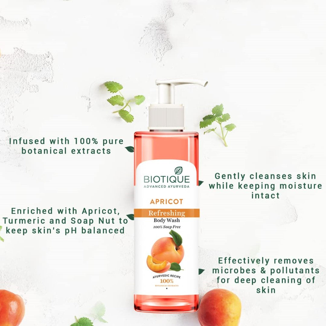 Biotique Apricot Refreshing Body Wash | Keeps Skin Fresh and Clean | Brightens Skin and Reducing Dark Spots | 100% Botanical Extracts | Suitable for All Skin Types | 200ml