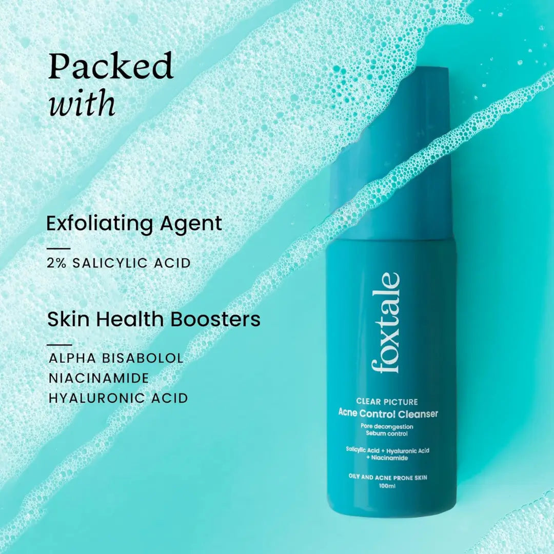 Foxtale Acne Control Cleanser 2% Salicylic Acid Face Wash for Oily & Acne Prone Skin with Niacinamide, Hyaluronic Acid | Anti Acne Cleanser for Oil Control 100ml
