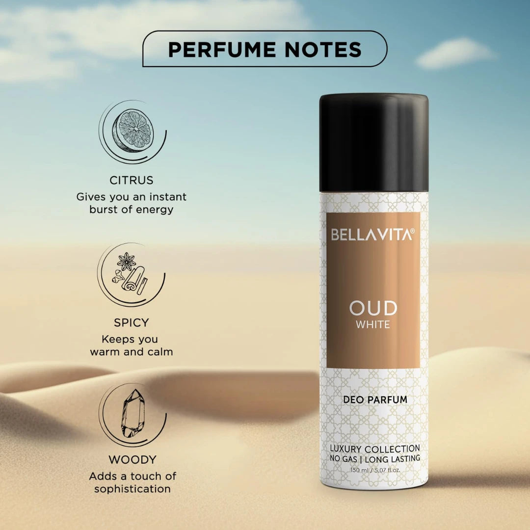 Bella Vita Luxury Oud White No Gas Body Spray Deodorant Parfum For Men 150ml (Pack of 2)