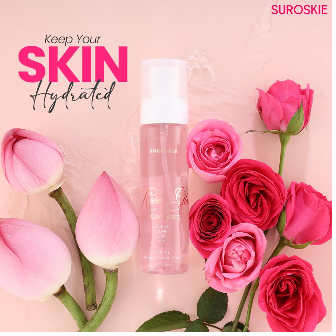 SUROSKIE Roses Glass Skin Mist 100ml | 2 in 1 Face Toner + Makeup Setting Spray | Rose Water for Face with Aloe Vera & Lotus | Toner For Glowing &...