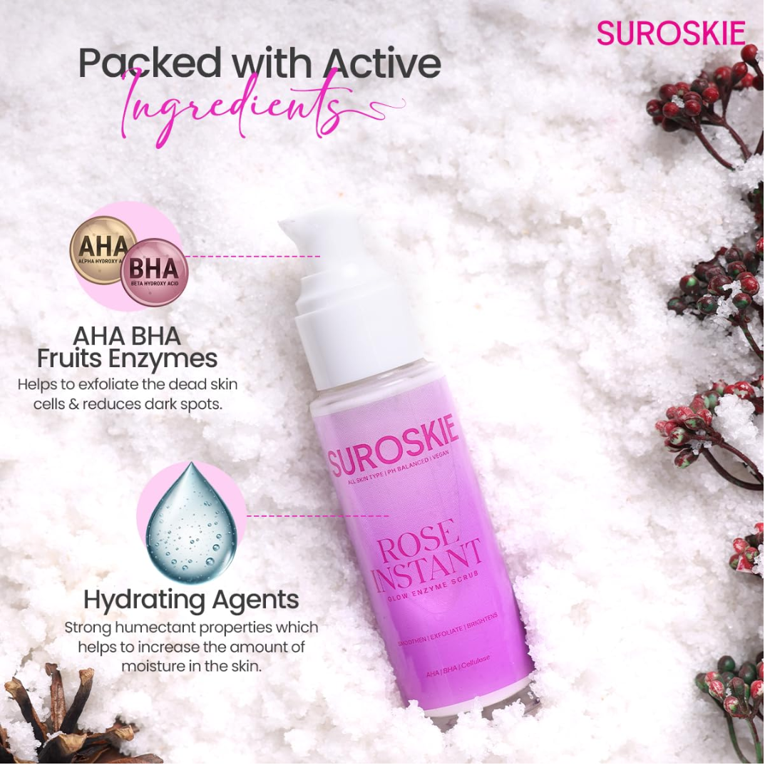 SUROSKIE Rose Instant Enzyme Face Scrub 50ml | India’s First Enzyme Scrub For Glowing Skin, Cleans Pores & Dark Spots | Clear White & Black Head | Rose, AHA+ BHA & Cellulose Extract| For Men & Women