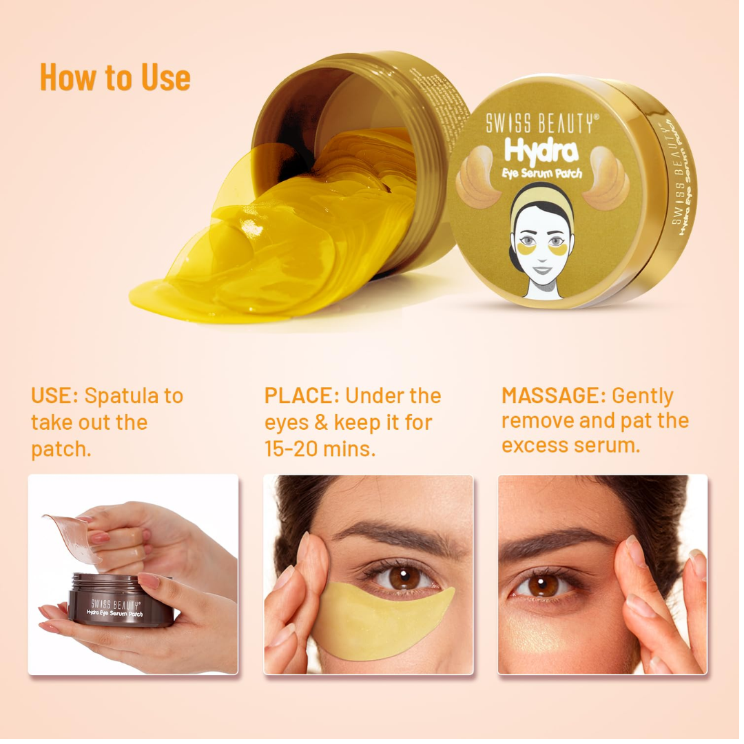 Swiss Beauty Hydra Anti Wrinkle Eye Serum Patch| Treats Dark Circles, Fine Lines And Wrinkles | Enriched With Collagen And Aloe Vera Extract | Shade - 02 Gold, 60 Pcs