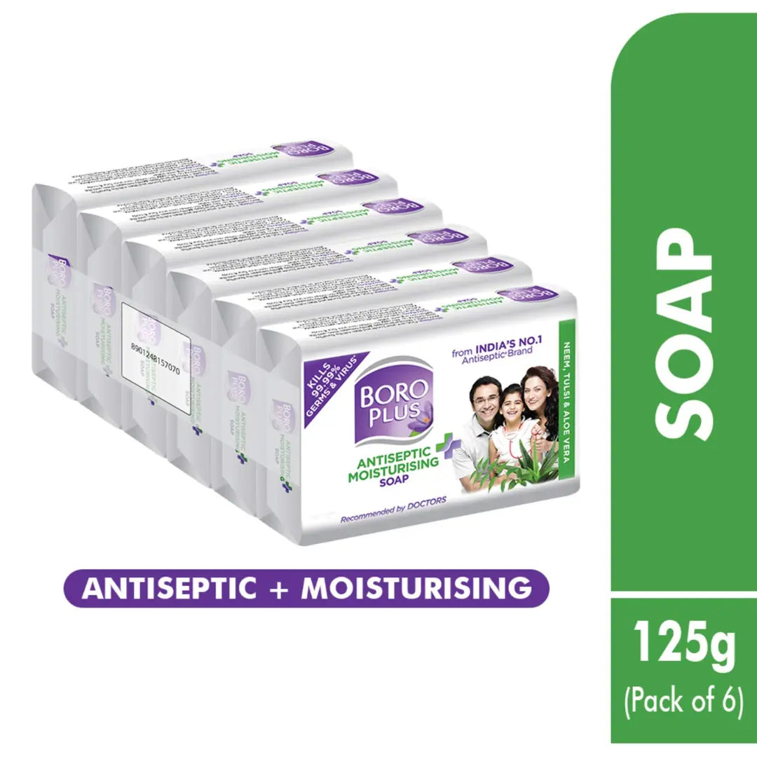 Boroplus Antiseptic And Moisturising Bathing Soap With Aloe Vera, Neem And Tulsi - 125g (Pack of 6)