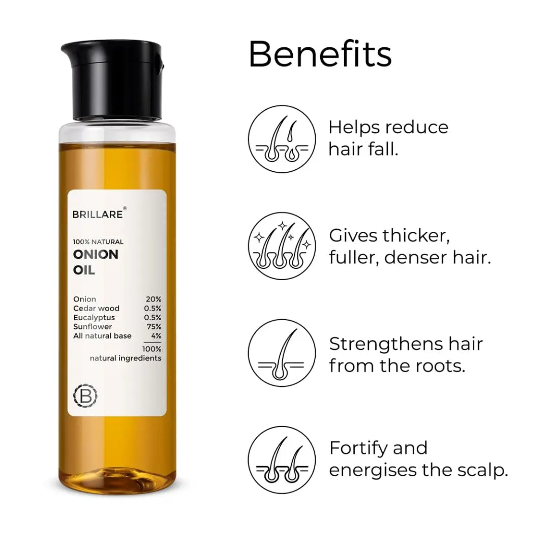 Brillare Onion Hair Oil with the Goodness of Cedar Wood & Sunflower Oil Helps in Hair Fall Control, 100% Natural Hair Oil With Refreshing Fragrance, 100ml