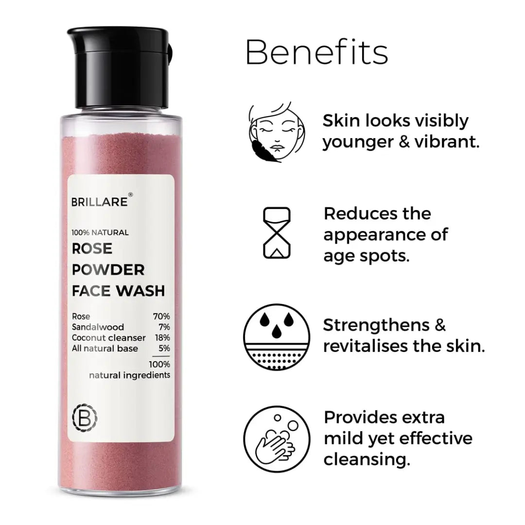 Brillare Rose Face Wash, Anti Ageing Skin, Sandalwood & Coconut Face Wash for Hydration Reduces Ageing Signs & Wrinkles, 100% Natural Powder Face Wash, 30g