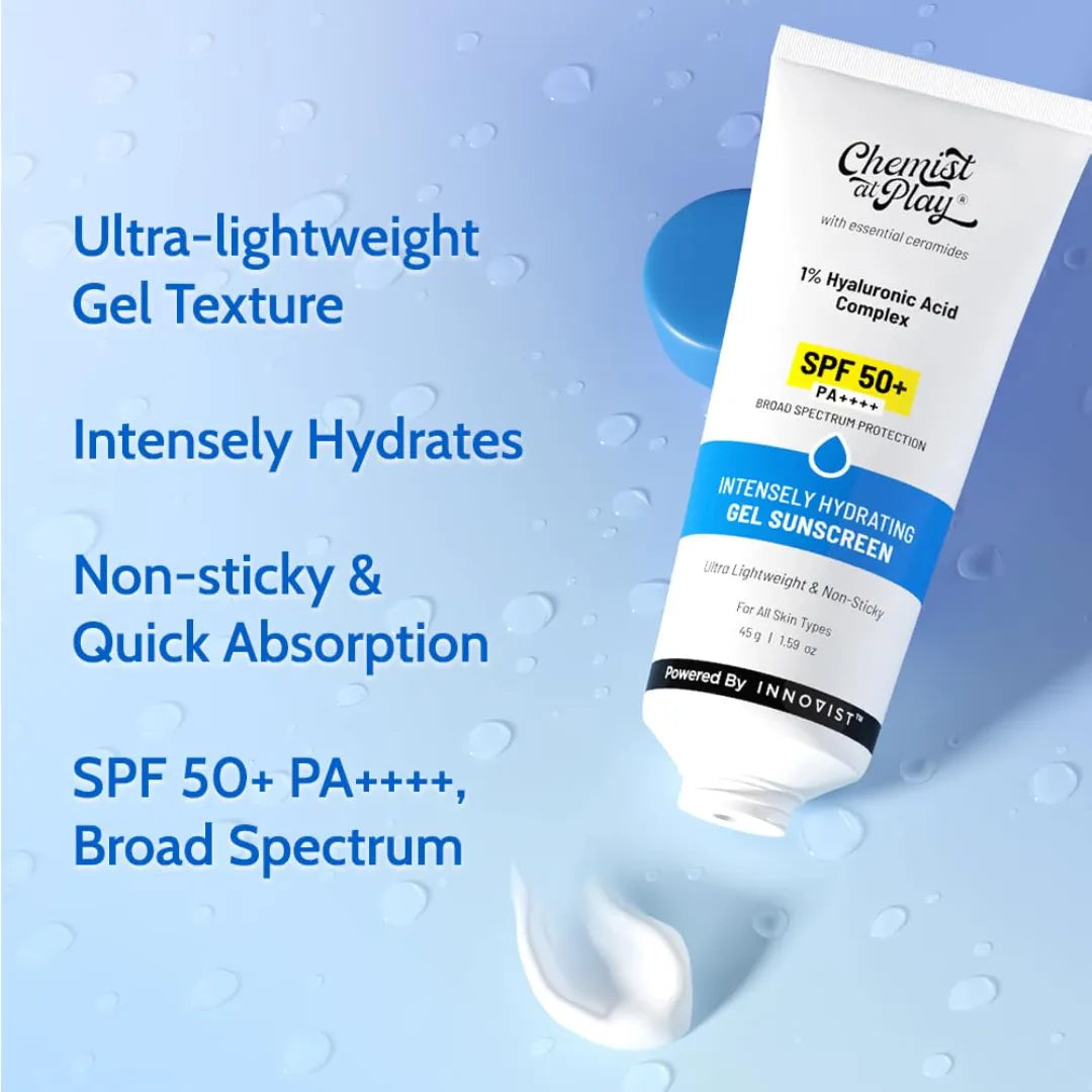 Chemist at Play Intensely Hydrating Gel Sunscreen | SPF 50+ PA++++ | | With Hyaluronic Acid & Ceramides | for Normal, Dry, Oily, Combination skin types | 45gm
