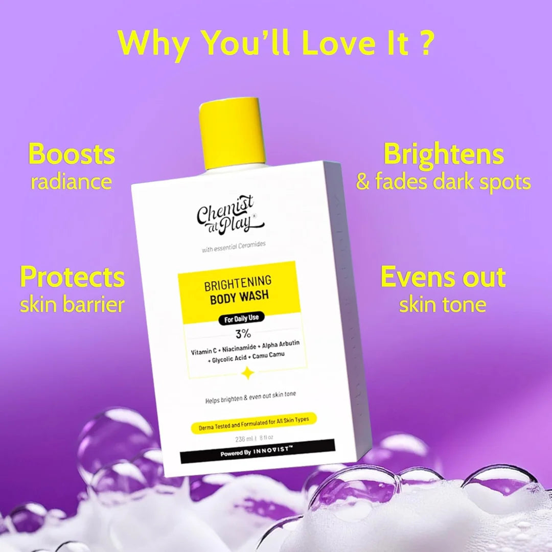 Chemist at Play Brightening Body Wash | Vitamin C Bodywash for Glowing Skin | Fades Dark Spots | Evens out Skin Tone | Alpha Arbutin | 30X Vitamin C with Camu Camu | For Women & Men | 236mL