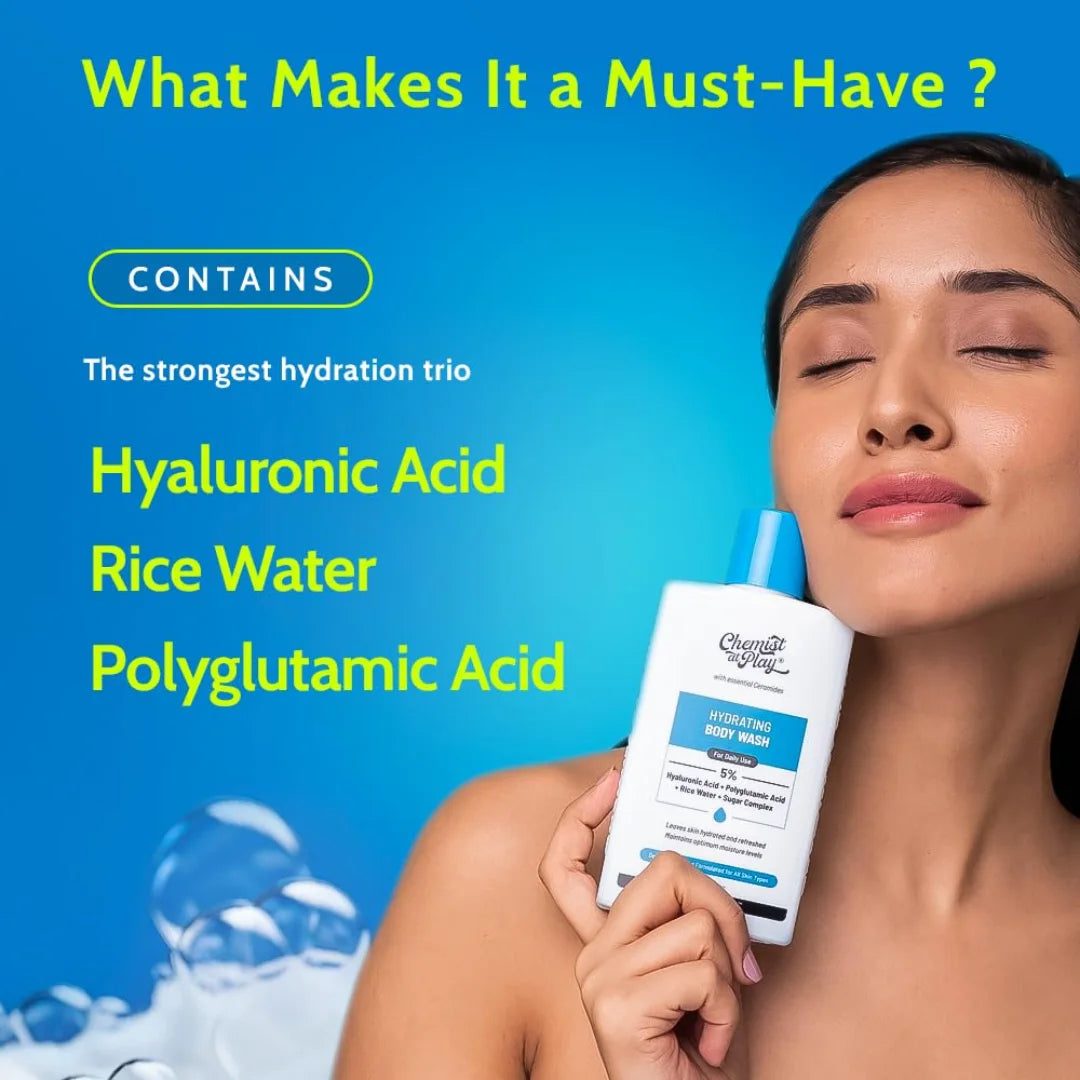 Chemist at Play Hydrating Body Wash | Hyaluronic Acid Bodywash for Intense Hydration | Reduces Flakes & Itchiness | For Dry Skin | Polyglutamic Acid & Hyaluronic Acid | SLS & Paraben Free | For Women & Men | 236ml