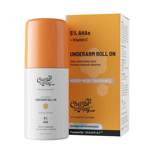 Chemist at Play UnderArm Roll-On with 5% AHA, Lactic Acid & 1% Mandelic Acid | Woody Musk Fragrance | Alcohol Free-40ml