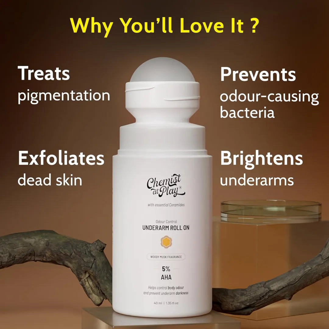 Chemist at Play UnderArm Roll-On with 5% AHA, Lactic Acid & 1% Mandelic Acid | Woody Musk Fragrance | Alcohol Free-40ml