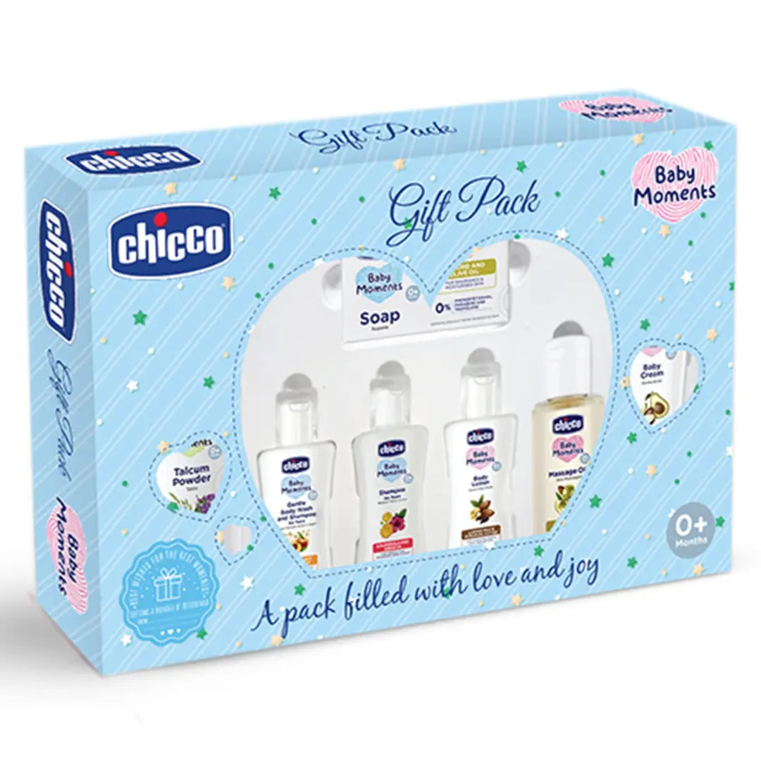 Chicco Baby Moments Caring Gift Pack Blue, Ideal Baby Gift Sets for Baby Shower, Newborn Gifting, New Parents, Birthdays, New Advanced Formula with 0% Phenoxyethanol, 0m+ (7 Items)